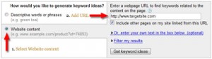 Открой   Инструмент предложения Google AdWords   вместо добавления ключевого слова для оценки используйте второй параметр, который позволяет добавить URL-адрес страницы или домена для извлечения связанных ключевых слов со страницы или сайта