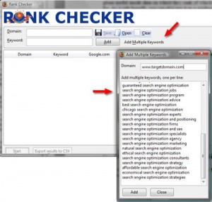 Теперь перейдите в Rank Checker (отличный инструмент Aaron), выберите вкладку добавления нескольких ключевых слов, вставьте результаты и запустите отчет
