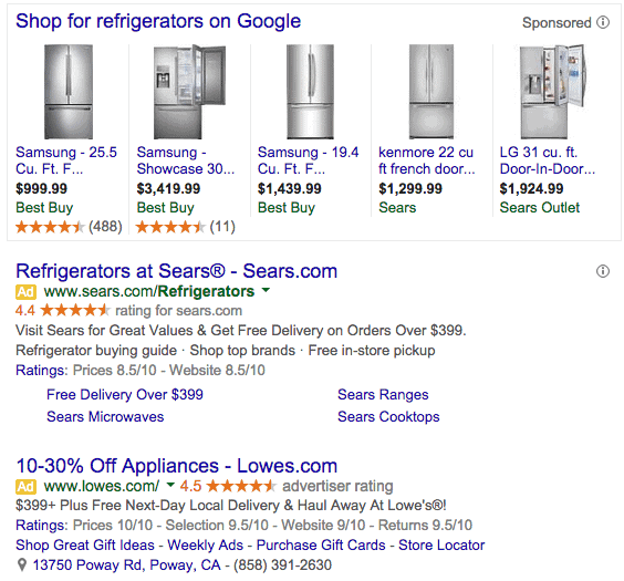 В частности, Лоус говорит, что они предлагают холодильники от $ 399 + в своем объявлении, что звучит как хороший дифференциатор ценовой категории, который они могли бы использовать в своих поисковой выдаче - использование ссылки на низкую цену