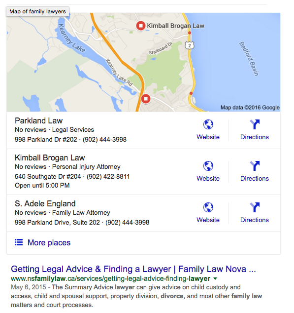 Zauważysz, kiedy szukam „prawników rodzinnych” Otrzymuję wynik mapy 3-paczek: