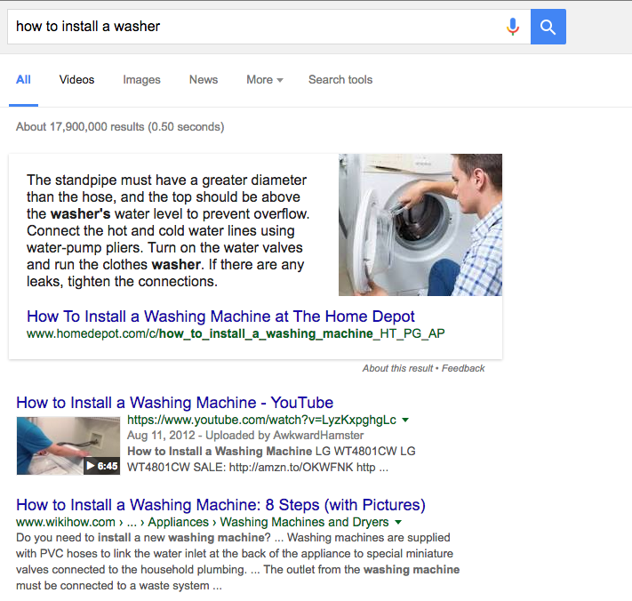 Zauważysz, kiedy szukam terminu „jak zainstalować pralkę”, otrzymuję zarówno pole odpowiedzi bezpośrednich, jak i wynik wideo u góry organicznych wyników wyszukiwania
