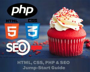 HTML, CSS, PHP та SEO Jump-Start Guide   Цей простий підручник використовує червоний оксамитовий кекс і тире гумору, щоб пояснити ці загальні терміни веб-дизайну: HTML, CSS, PHP і SEO